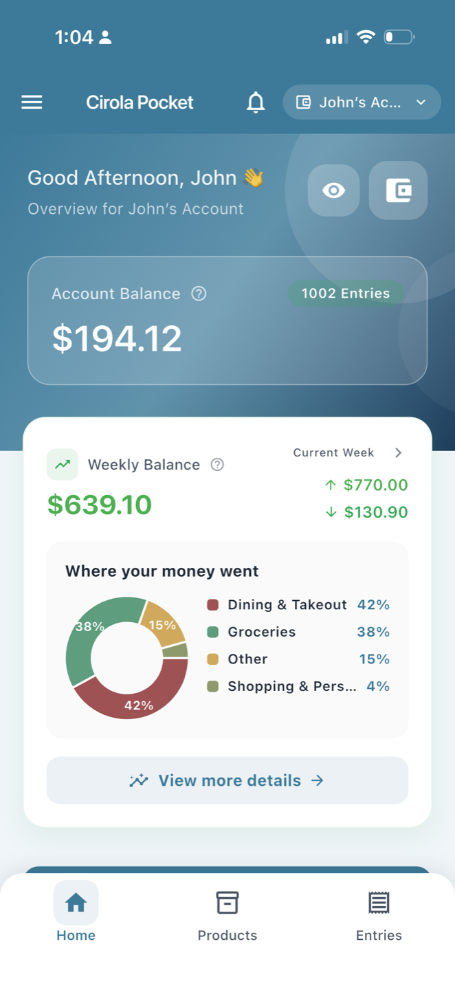 Cirola Pocket dashboard showing account balance and where-your-money-went spending chart