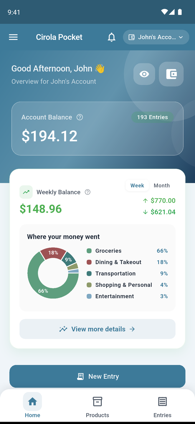 Cirola Pocket home screen with the account balance and the where-your-money-went chart