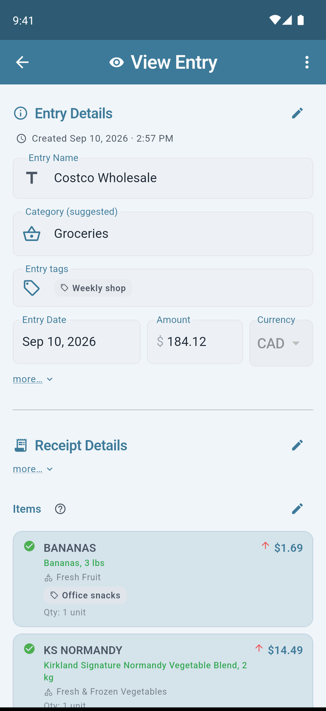 An entry with its tags, category and the receipt items behind it