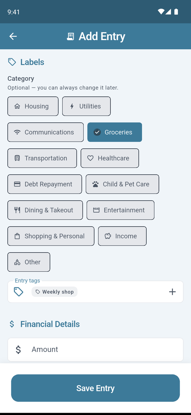 New entry form with category chips and tags