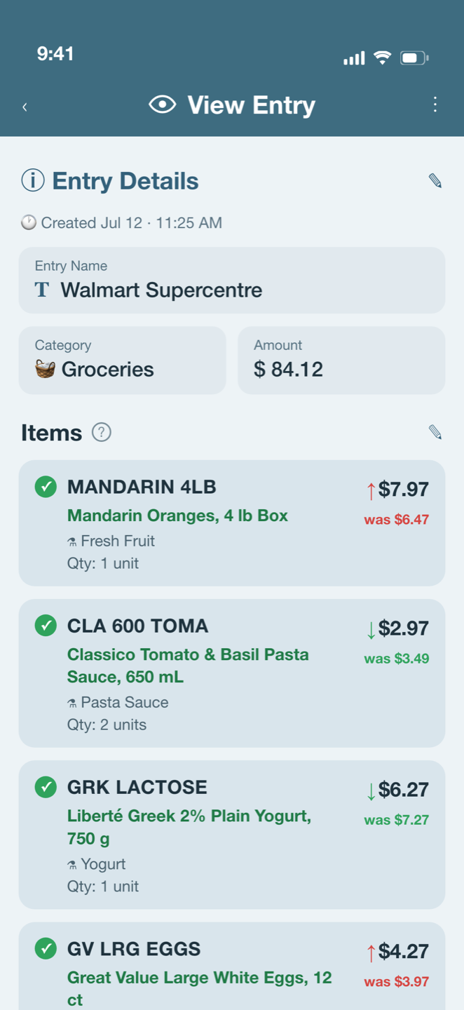 Receipt items with price-change indicators against your last purchase