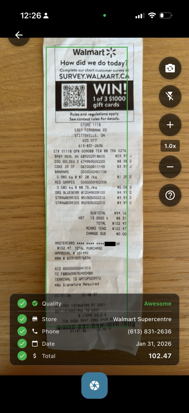 Scanning a paper receipt with live store, date and total detection