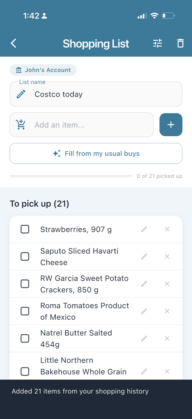 Shopping list auto-filled from purchase history
